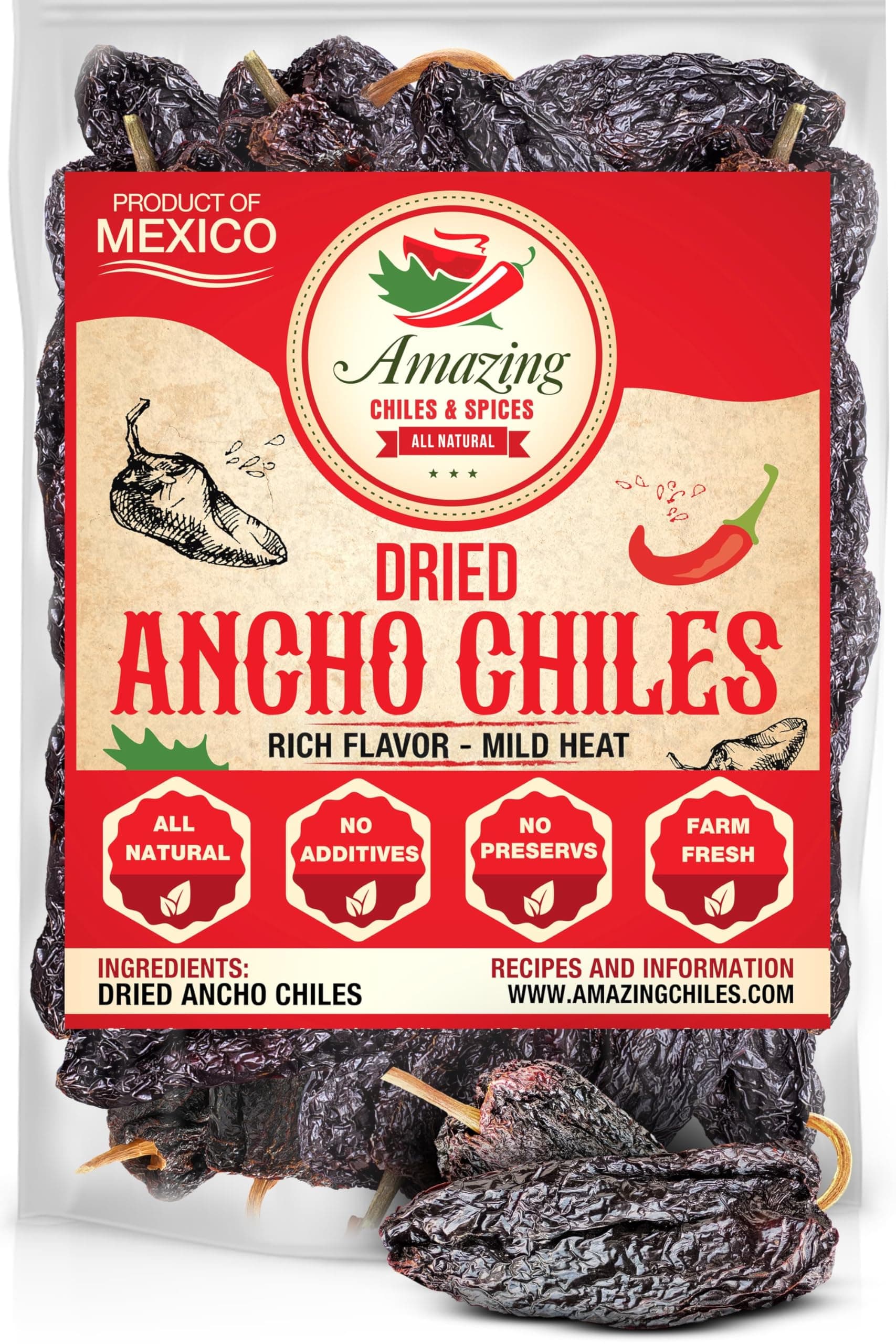 Dried Ancho Chiles Peppers 4 oz – Natural & Premium for Authentic Mexican Mole, Sauces, Stews, Salsas, and More! Sweet & Smoky Flavor with Mild to Medium Heat to Elevate Your Favorite Recipes.