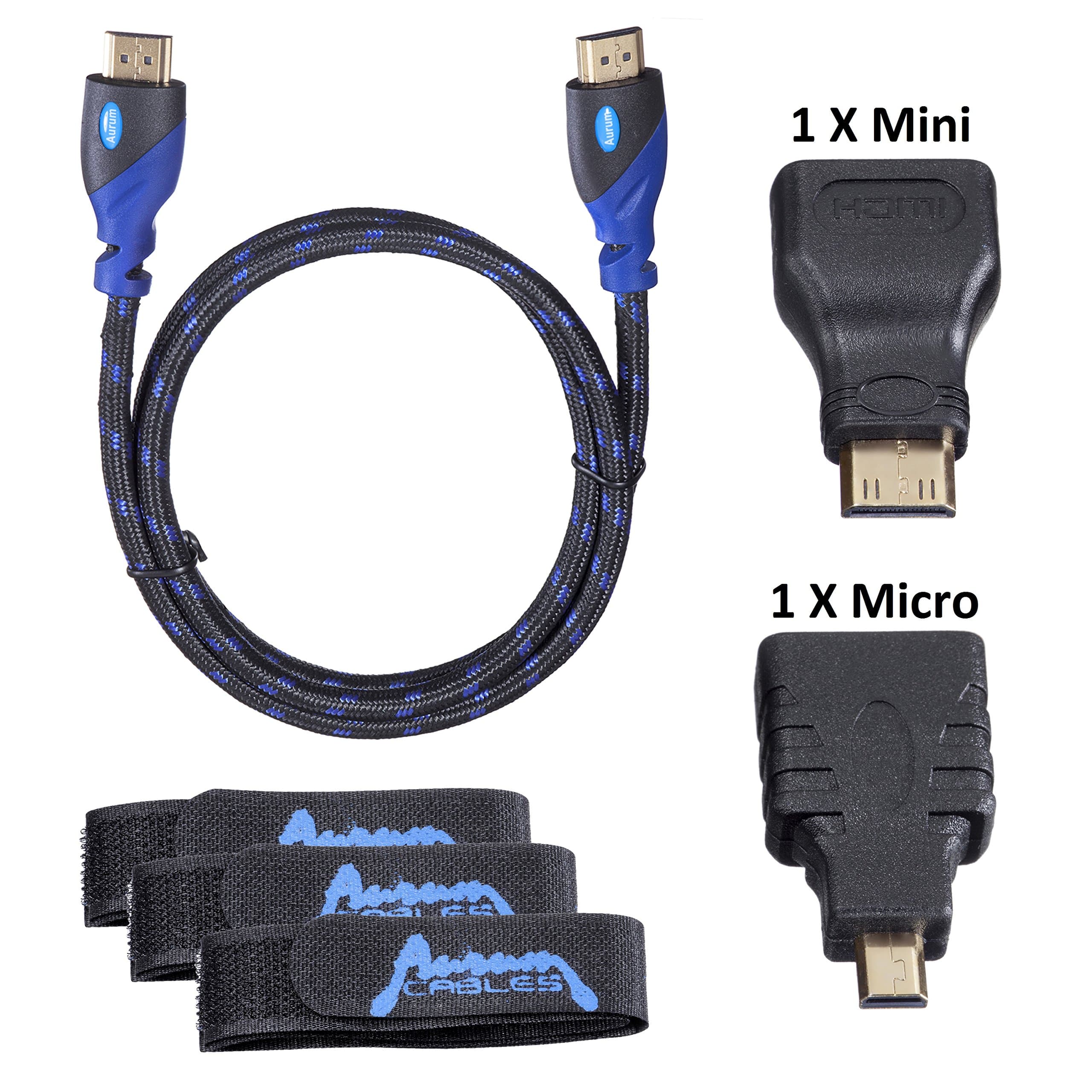 Aurum Cables High Speed HDMI Cable (6 Ft) with Ethernet Supports 3D & Audio Return Channel - 6 Feet - with a Mini & Micro HDMI Adapter + Velcro Cable Ties