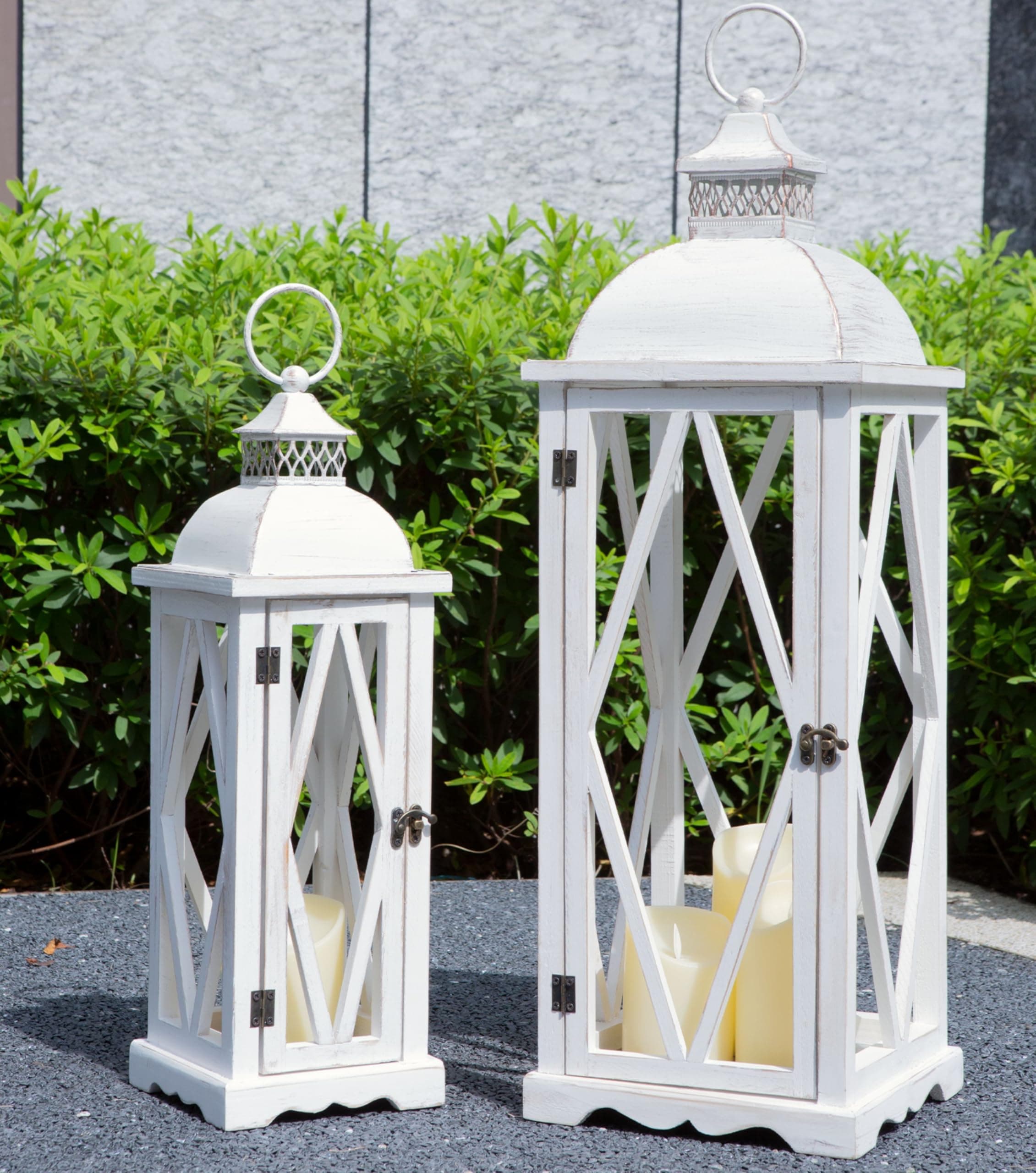 Perfnique Farmhouse Outdoor Lanterns for Patio, Set of 2 White Rustic Lanterns Decor, Vintage Hanging Candle Holder Decorative for Porch, Garden, Yard, Indoor (No Glass)